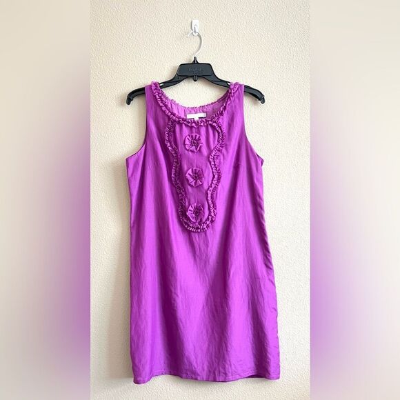 Liv Cotton/Silk Blend Magenta Ruffle Neck Shift Dress - Picture 1 of 10